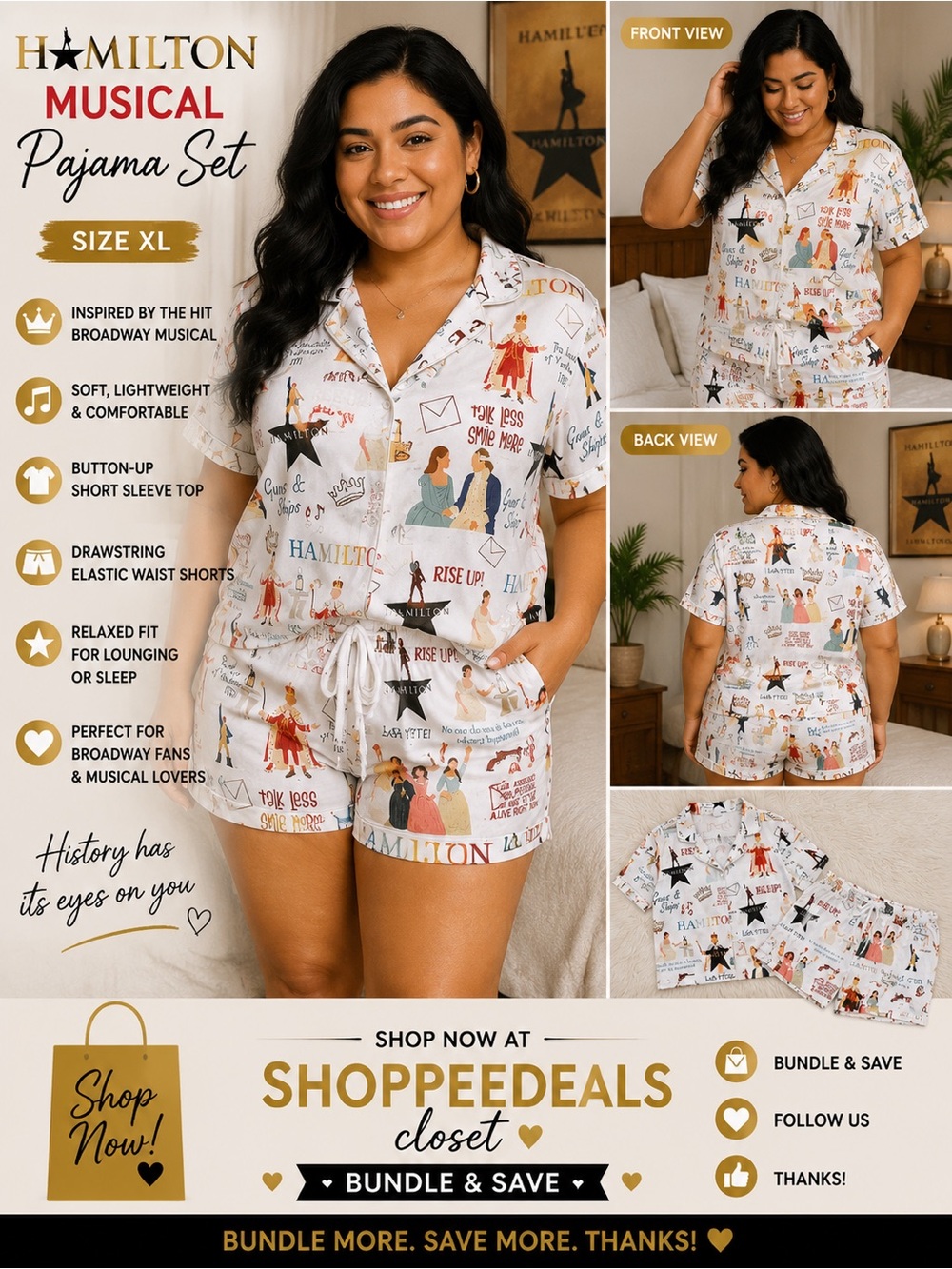 Hamilton Musical Pajama Set – Button-Up Short Sleeve Shirt & Drawstring Shorts